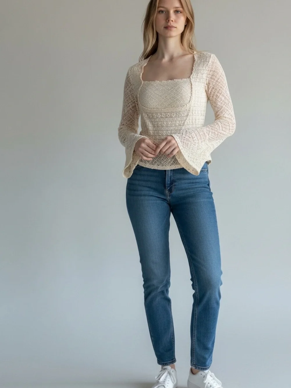 Free People Cream Lace Off-the-Shoulder Knit Top